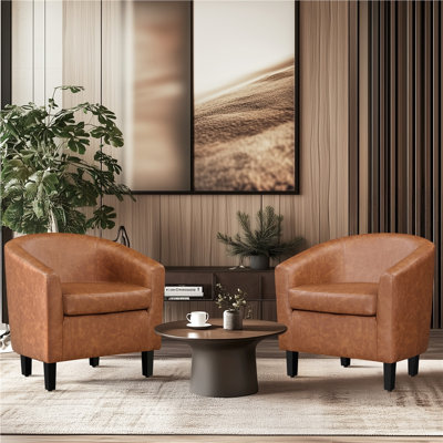 Accent Barrel Chair, Modern Faux Leather Tub Club Chair Upholstered Armchair