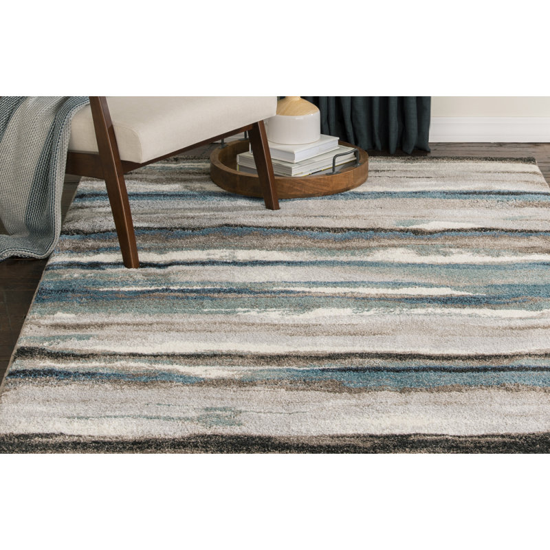 Tapis bleu / brun / gris à tissage mécanique Vakila, Rectangle 7 pi 10 po x 9 pi 10 po