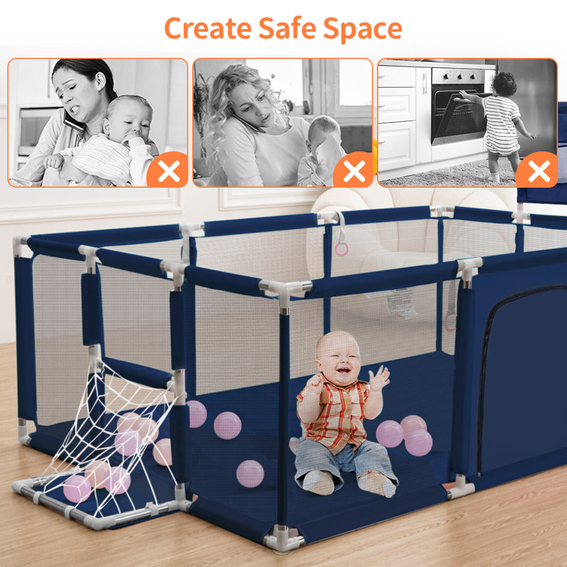 71"x48" Baby Playpen Sturdy Safety Play Yard Activity Center with Basketball Hoop and Football Net, Navy Blue