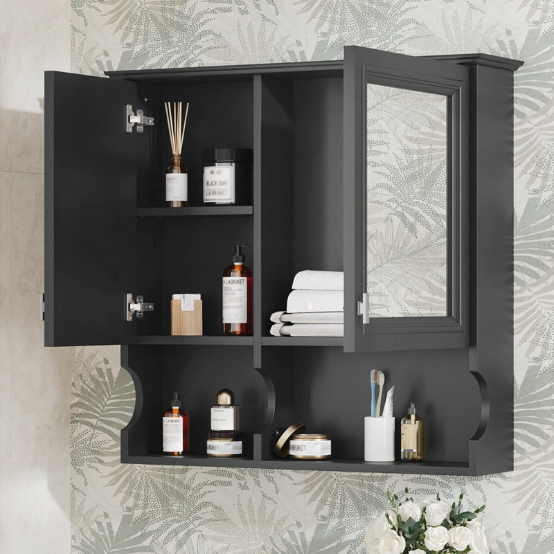 Armoire à pharmacie murale à miroir avec tablettes réglables et rangement ouvert, parfaite pour l'organisation et l'élégance de la salle de bain