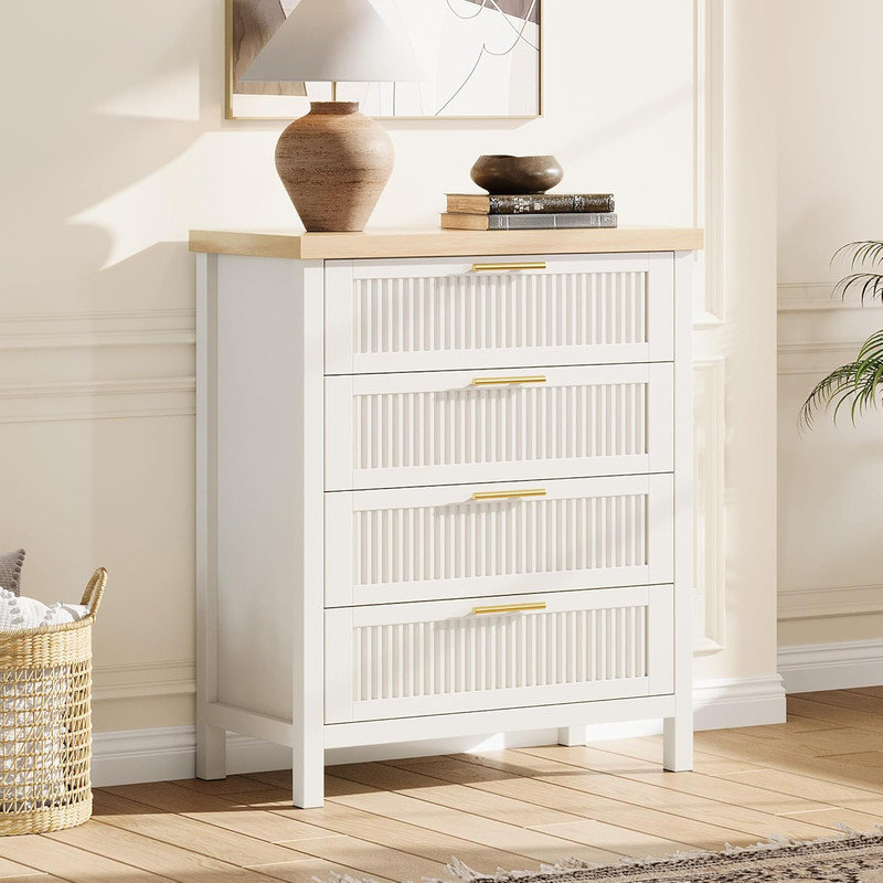 Commode cannelée en bois noire 35 po à 4 tiroirs pour rangement dans la chambre à coucher, Blanc