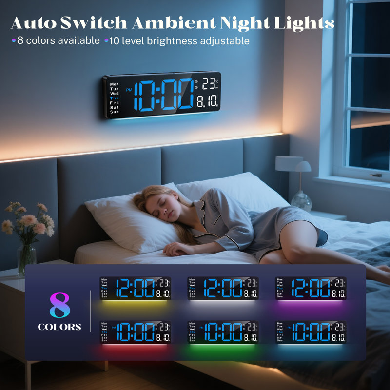 Grande horloge murale 16 pouces avec luminosité tamisée, Bleu