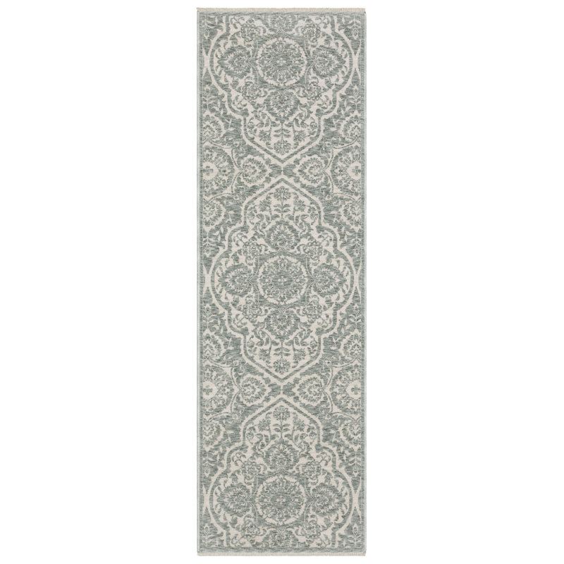 Tapis bleu sarcelle / ivoire Eidan, Tapis de couloir 2 pi 3 po x 7 pi 9 po