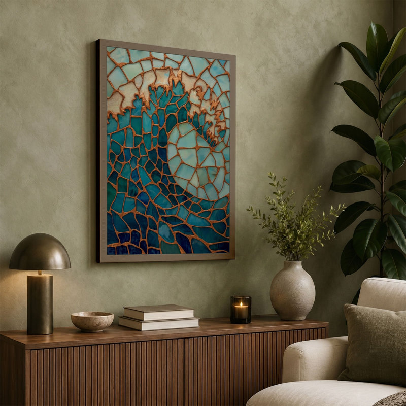 Teal Mosaic Flow Modern - Wrapped Canvas, 24x16 - 61.0 x 40.6 cm, Ochre Border