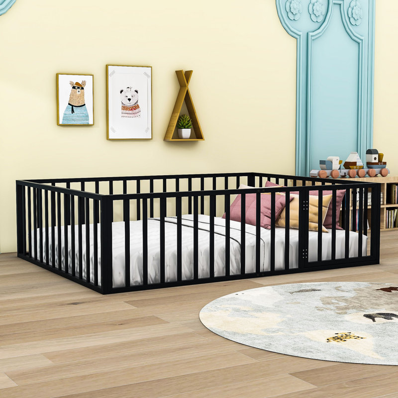  Denayah Metal Platform Bed with Fence and Door, Black, Queen