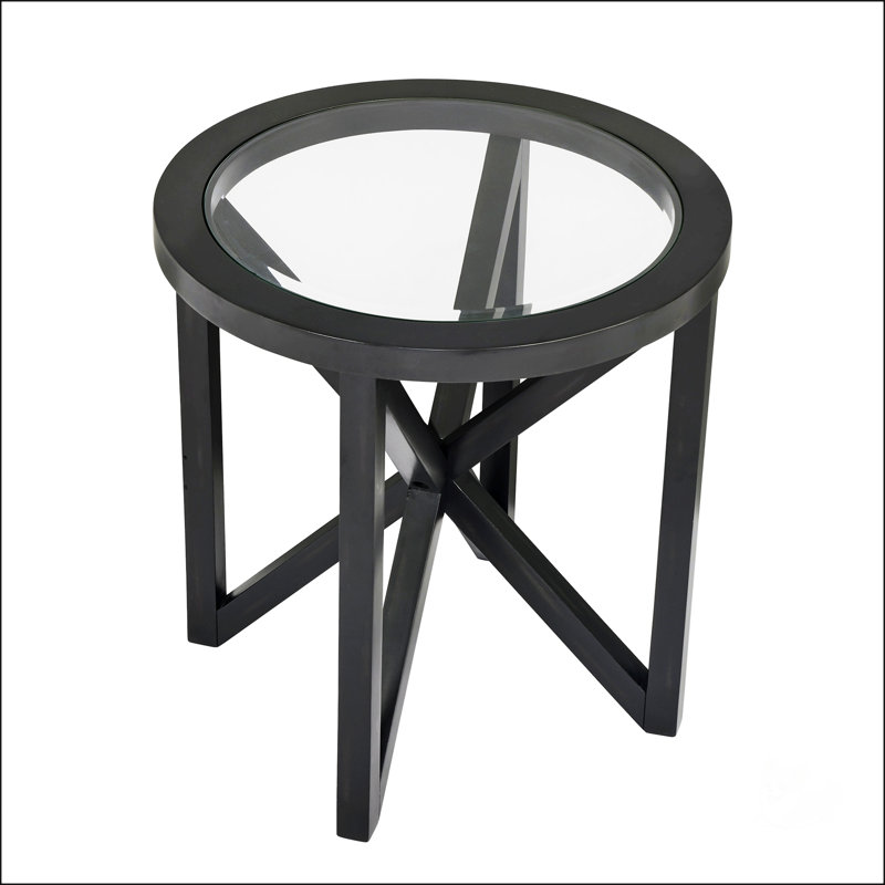 Table basse moderne simple en verre trempé avec base en bois massif, plateau rond transparent pour le salon et le bureau