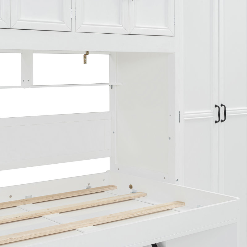 Lit escamotable simple avec garde-robe, armoire et bureau, Blanc