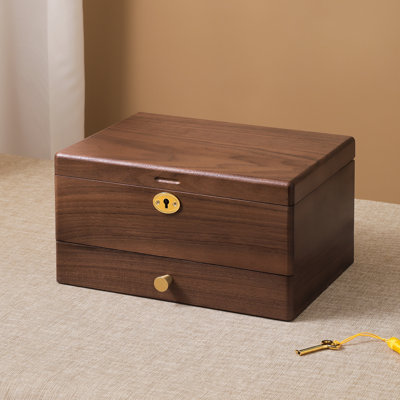 Black Walnut Wooden Lockable Jewellery Box, 3 Layer Organizer with Lock and Key for Necklaces Rings Earring Watches Bracelets.