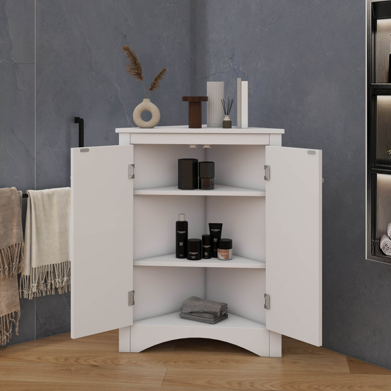 Triangular Corner Cabinet With Adjustable Shelves And Chic Doors, White