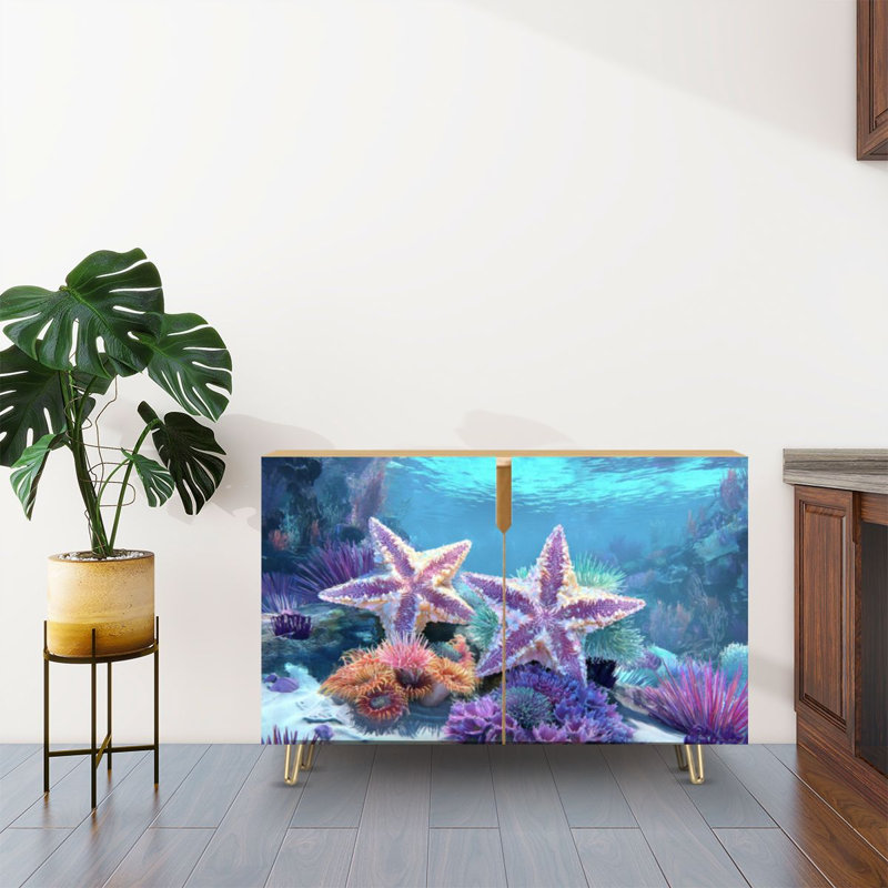 Buffet Buffet avec rangement vibrant sous-marin corail sous-marin coloré anémones de mer avec 2 portes pour le salon et la cuisine