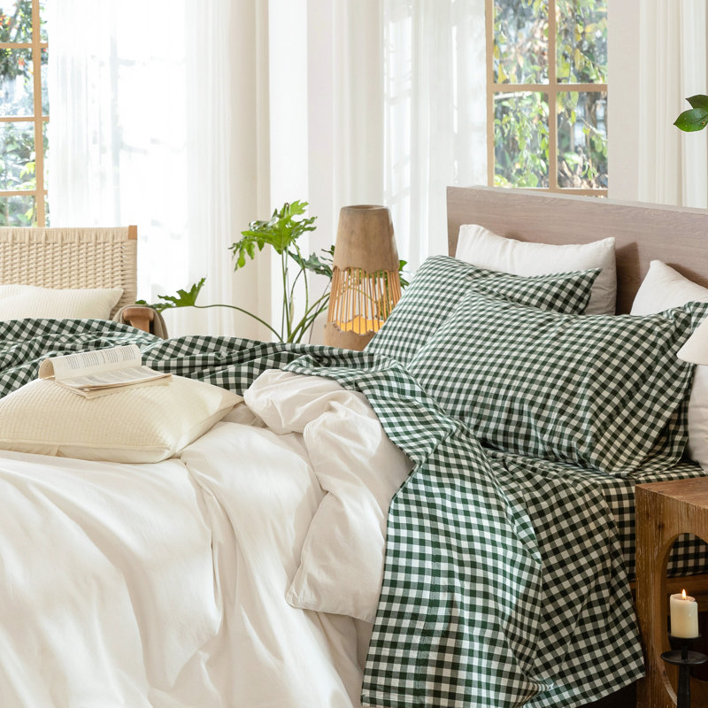Ensemble de draps 100% coton lavé MooMee, Ensemble de draps pour grand lit avec 2 taies d'or, Vert forêt