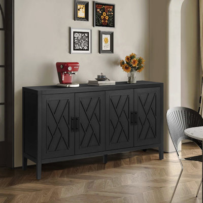 60" Modern Farmhouse Accent Cabinet, 4 Doors And Adjustable Shelf Wooden Buffet Console Table Credenza For Kitchen Dining Room Entryway Hallway (Antique Black)