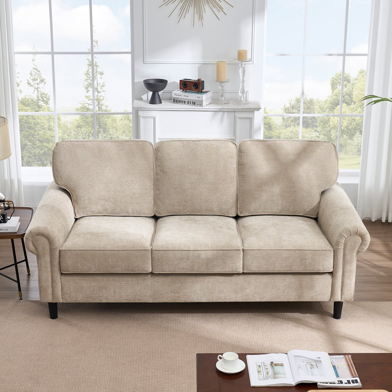 Luelle 82.7" W Chenille Rolled Arm Sofa Faux Leather Couch, Chenille / Khaki