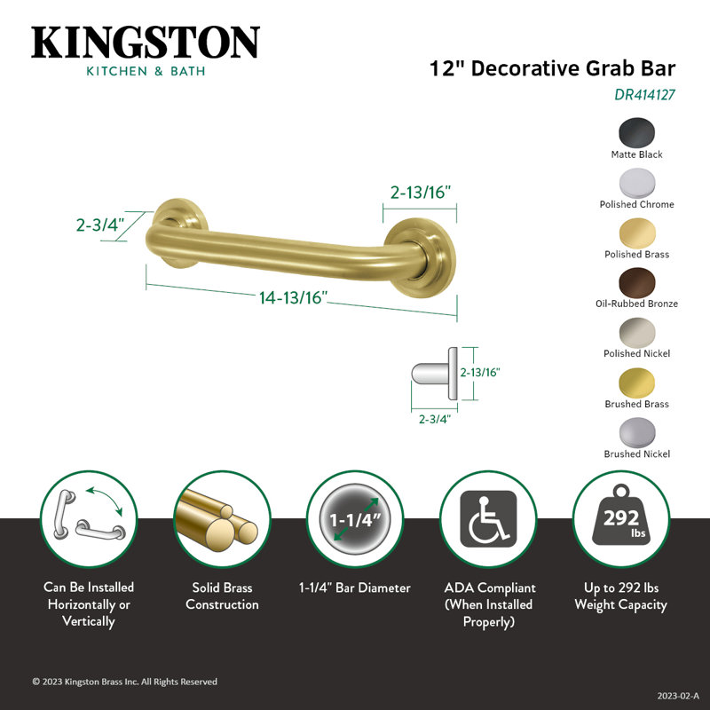 Kingston Brass Restoration 1-1/4 Inch O.D Grab Bar, Satin Brass, 2.81" H x 14.81" W x 2.75" D