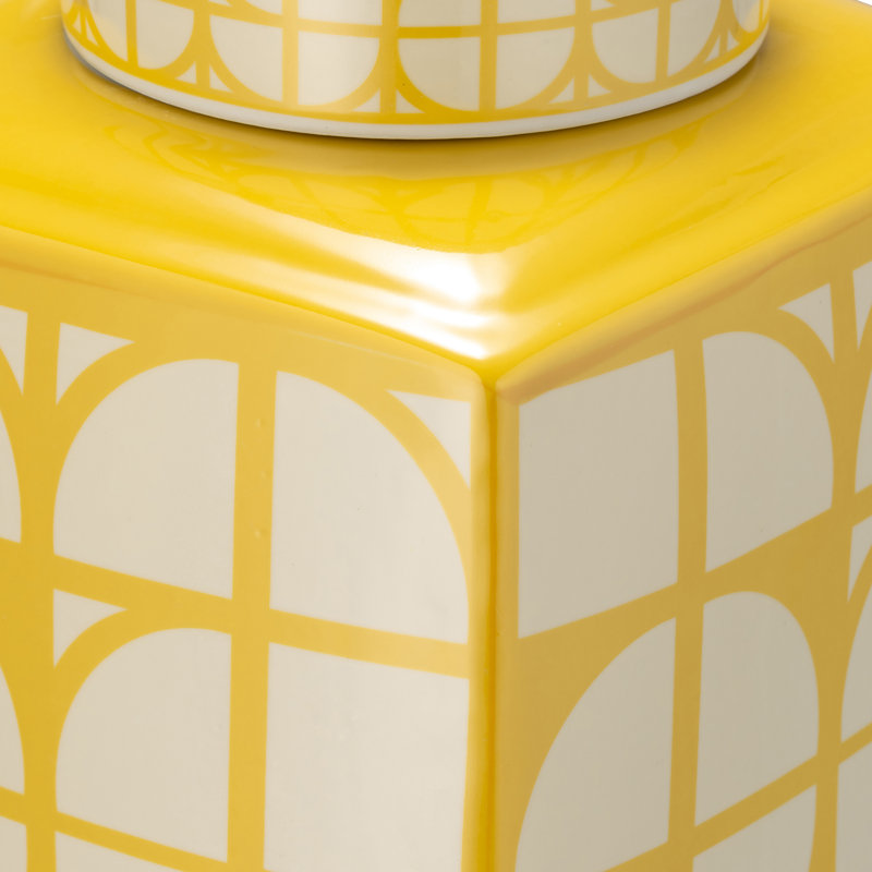 Pot de table géométrique en céramique avec couvercle pour la décoration intérieure, H 18 po x l 9 po x P 9 po, Jaune / Blanc