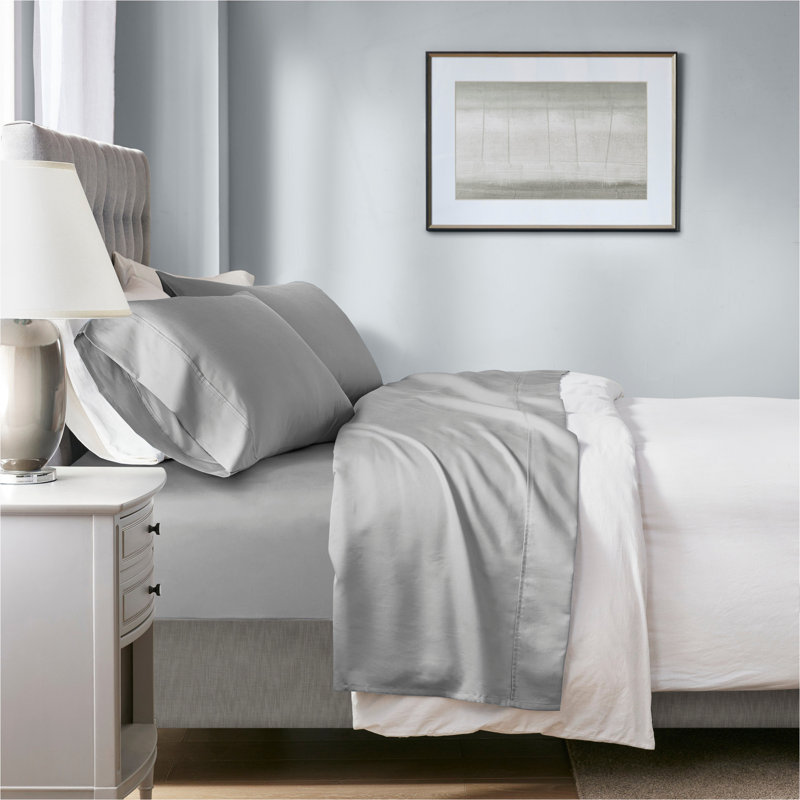 Ensemble de draps 4 pièces en mélange de coton Smart HeiQ, Ensemble de draps pour grand lit avec 2 taies d'or, Gray