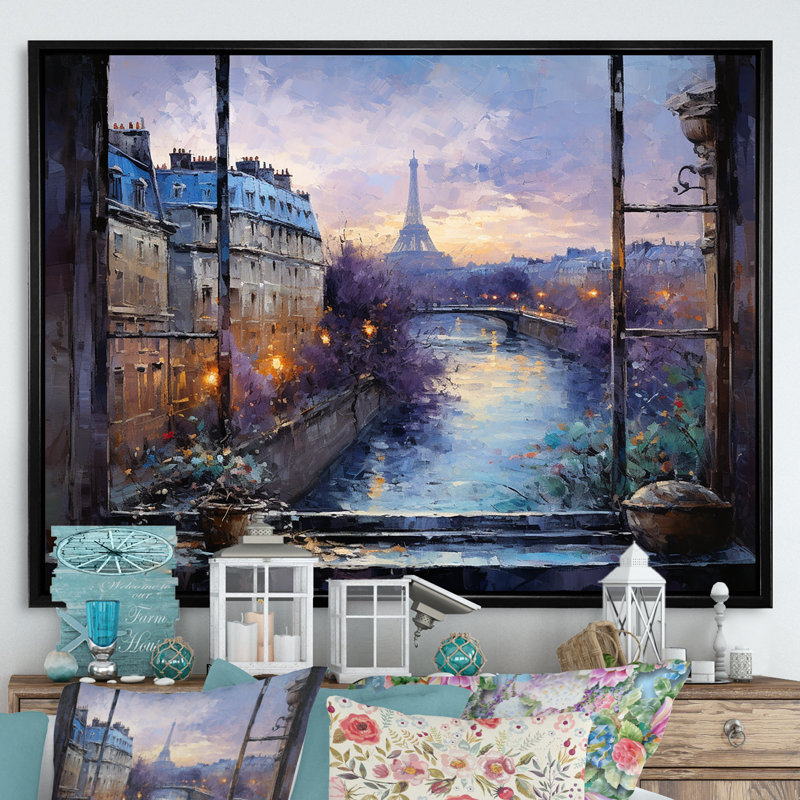 Vue de la fenêtre de Paris au coucher du soleil - Art mural Paris, H 30 po x l 40 po x P 1,5 po, Cadre flottant noir