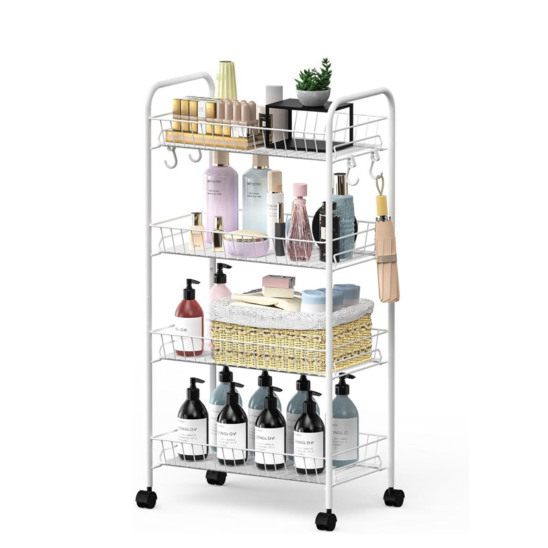 White Metal 4-Tier Rolling Utility Storage Cart with Removable Wire Baskets