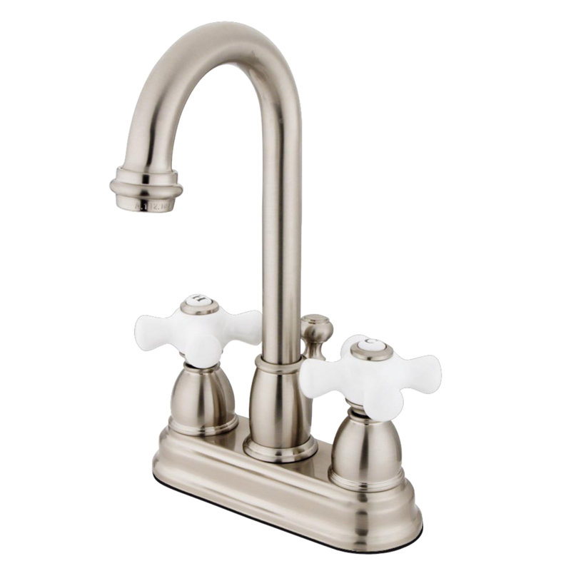 Kingston Brass Restoration Two-Handle 3-Hole Deck Mount 4" Centerset Bathroom Faucet with Plastic Pop-Up, Brushed Nickel