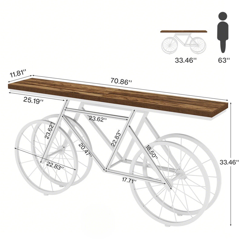 70.9" Bike Console Table, Narrow Sofa Table Industrial Entryway Table, Rustic Brown, White