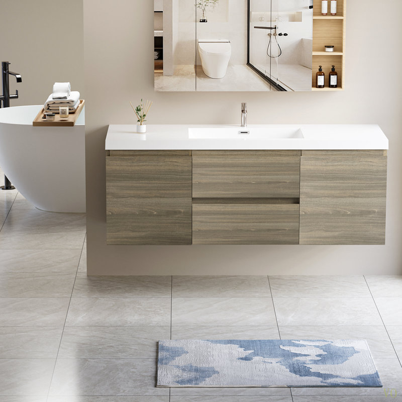 Meuble-lavabo flottant de 60 po avec lavabo, armoire de rangement murale avec lavabo à surface solide et tiroirs à fermeture en douceur entièrement assemblés