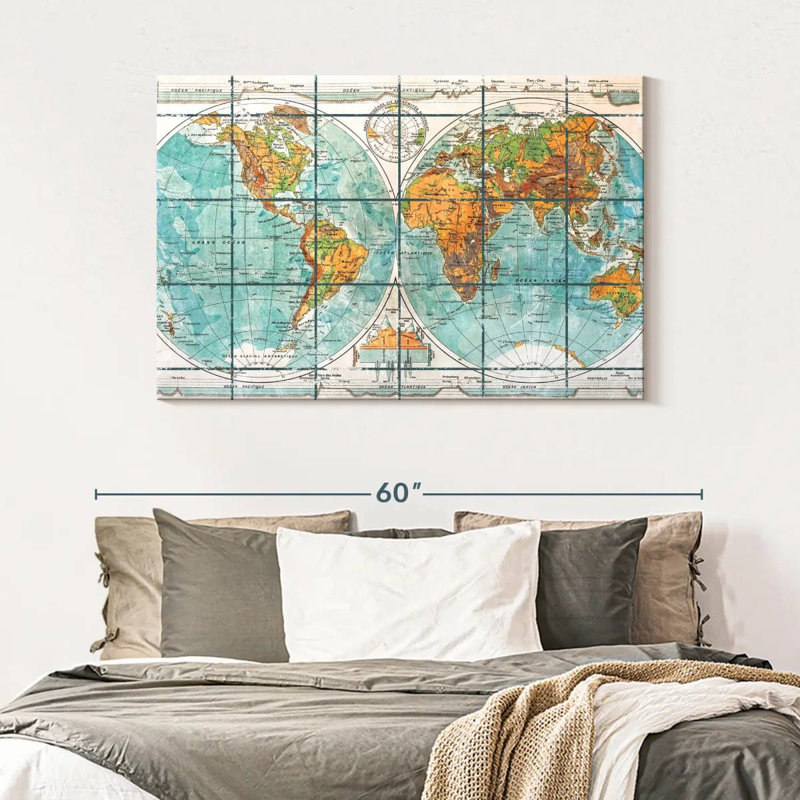 Globe terrestre carte du monde sur toile, H 32 po x l 48 po x P 1,25 po