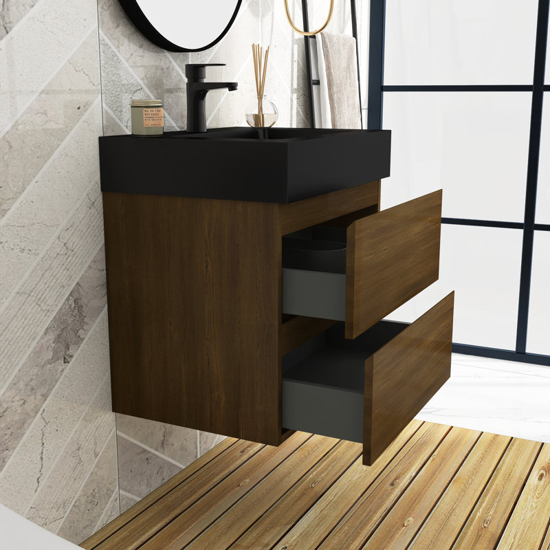 Meuble-lavabo mural simple Sherranda, Noir, Noyer, H 25 po x l 24 po x P 18 po
