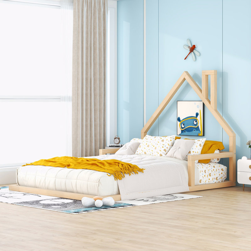 Wood Floor Bed with House-shaped Headboard, Natural, Full