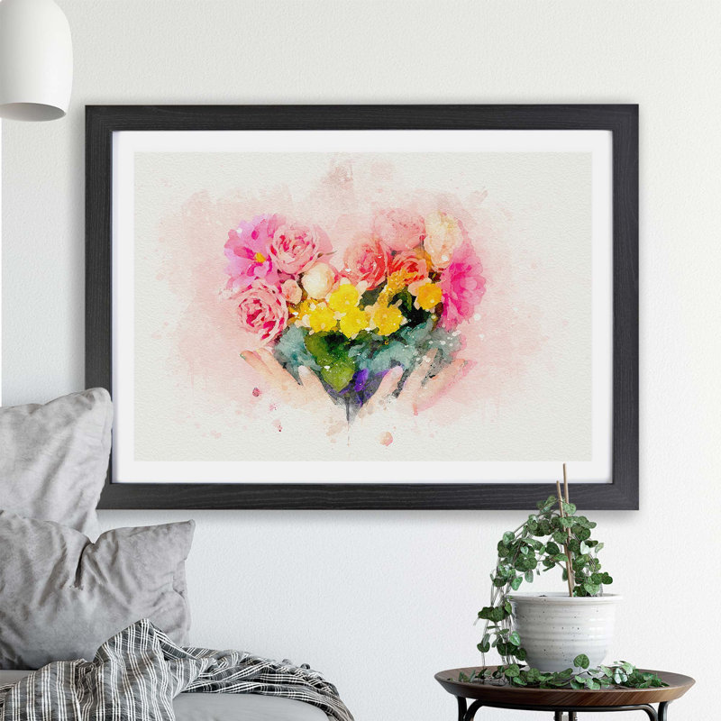 Floral Love Heart in Pink - Framed Print, 33cm H x 45cm W x 2cm D, Black