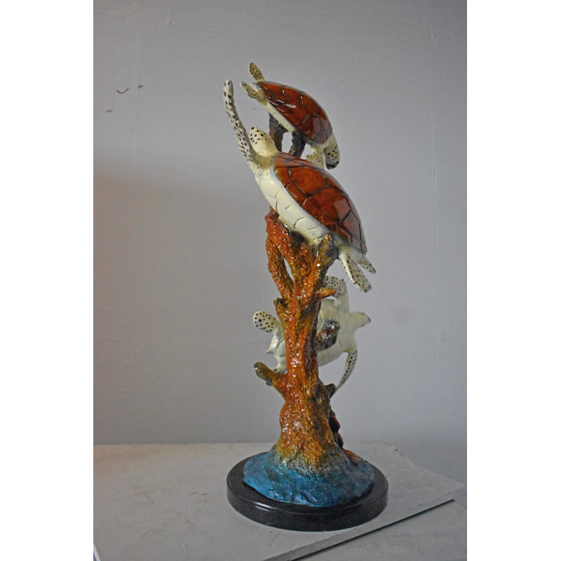 Bronze and Marble Three Turtles with Coral Statue