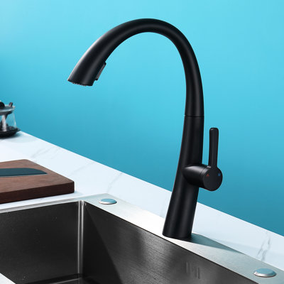 Stainless Steel Pull Out Kitchen Faucet, Matte Black, High Arch Spout, 1.5 Gpm Flow, To Stains Black Flow Rate, 360-Degree Rotation