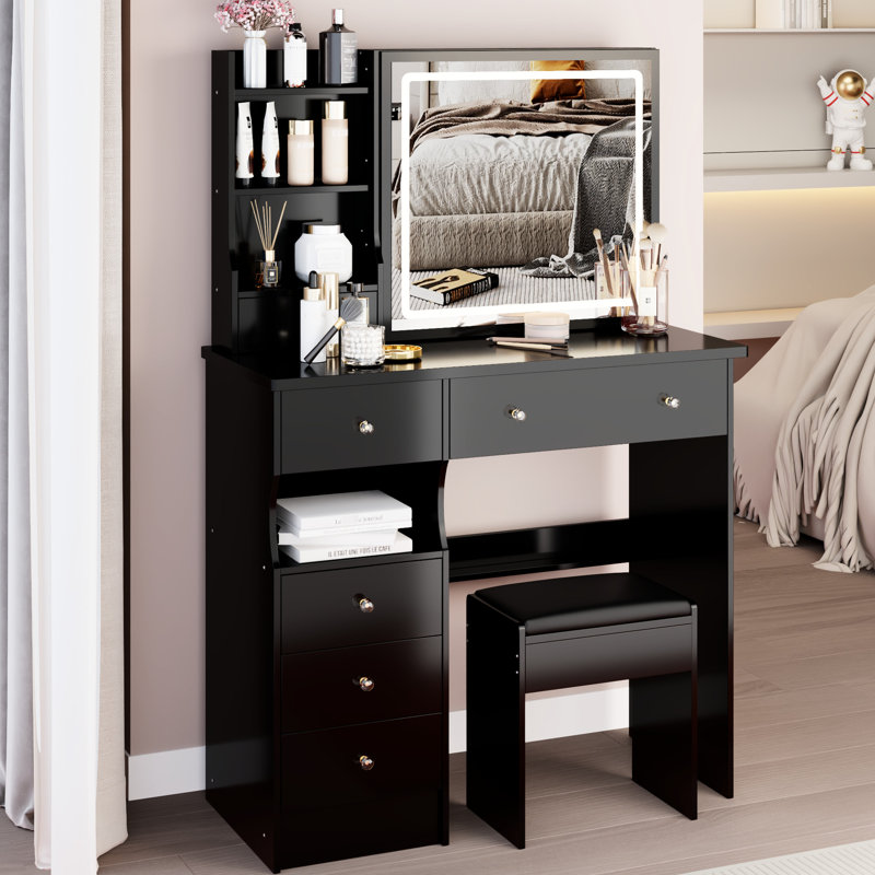 37" Middle Size Left Drawer Desktop Vanity Table + Cushioned Stool Dresser Set,2 AC+2 USB Socket,Hair Dryer Stand, Large Touch Control LED Sliding Mirror,3-color Switch