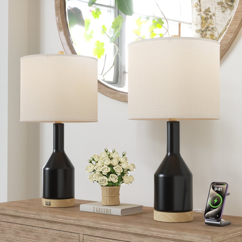 Lampe de table en bois massif à température réglable vintage 24 po Conyer pour chambre à coucher / salon, table de chevet, table de chevet, lampe avec abat-jour tambour en lin et port USB