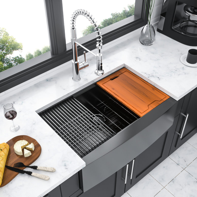 30 Inch Apron Front Gunmetal Black 16 Gauge Stainless Steel Sink Workstation - Scratch And Rust , Ideal For Food Prepping, 10 Deep With X Shaped Groove Drainage, 3Mm Thick Rubber To Reduce Noise