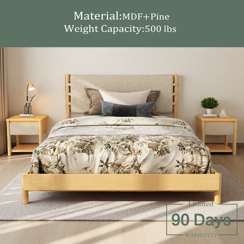 Ensemble de base de lit moderne avec 2 tables de chevet, lit plateforme en bois avec tête de lit et tables de chevet assorties pour la chambre à coucher