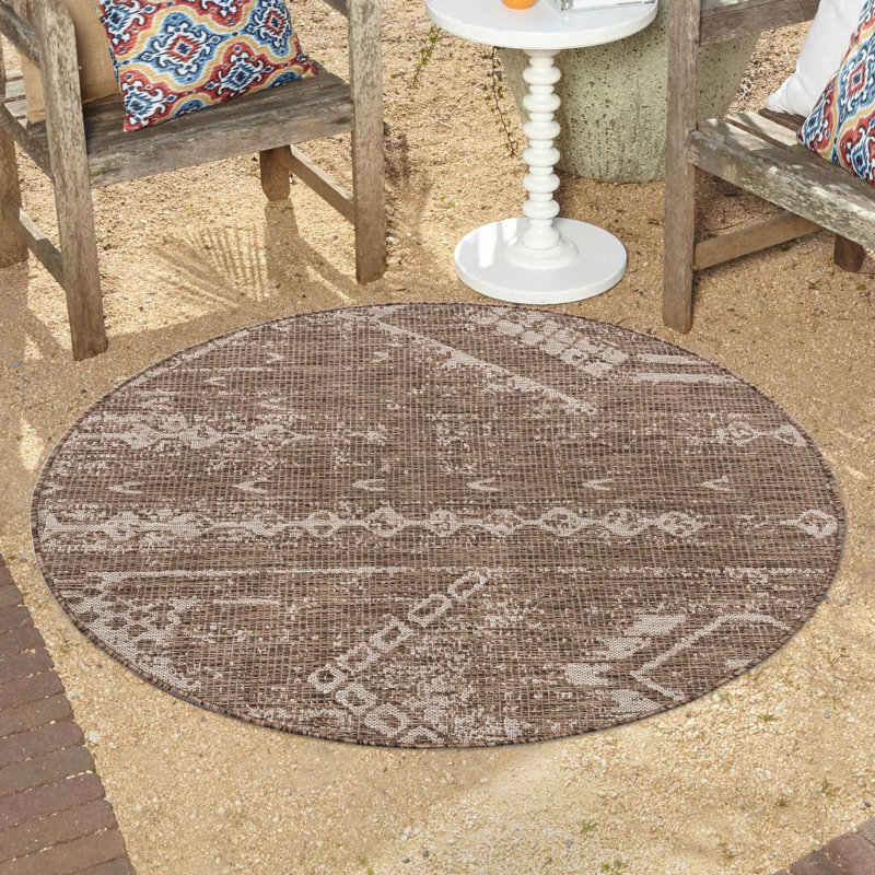 Tapis intérieur / extérieur brun / brun clair en polypropylène tissé à la machine 9 pi 10 po x 13 pi Brison, Rond 3 pi 3 po