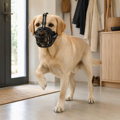 Adjustable Reflective Basket Dog Muzzle with Secure Head Straps and Quick-Release Buckle