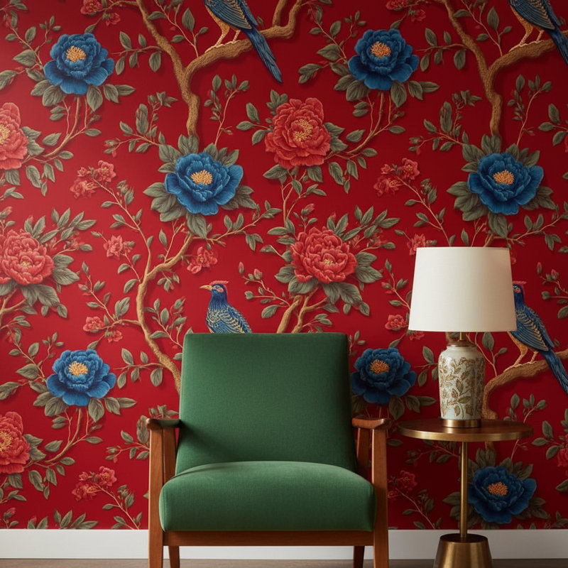 Floral Wallpaper Bird Red Decorative Mural