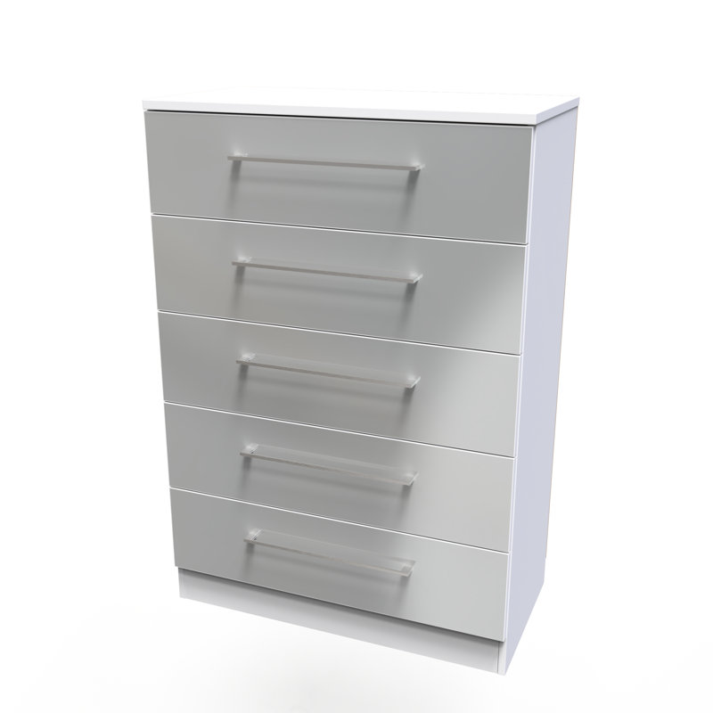 Fully Assembled Alizee 5 - Drawer Chest of Drawers, Uniform Grey Gloss/White