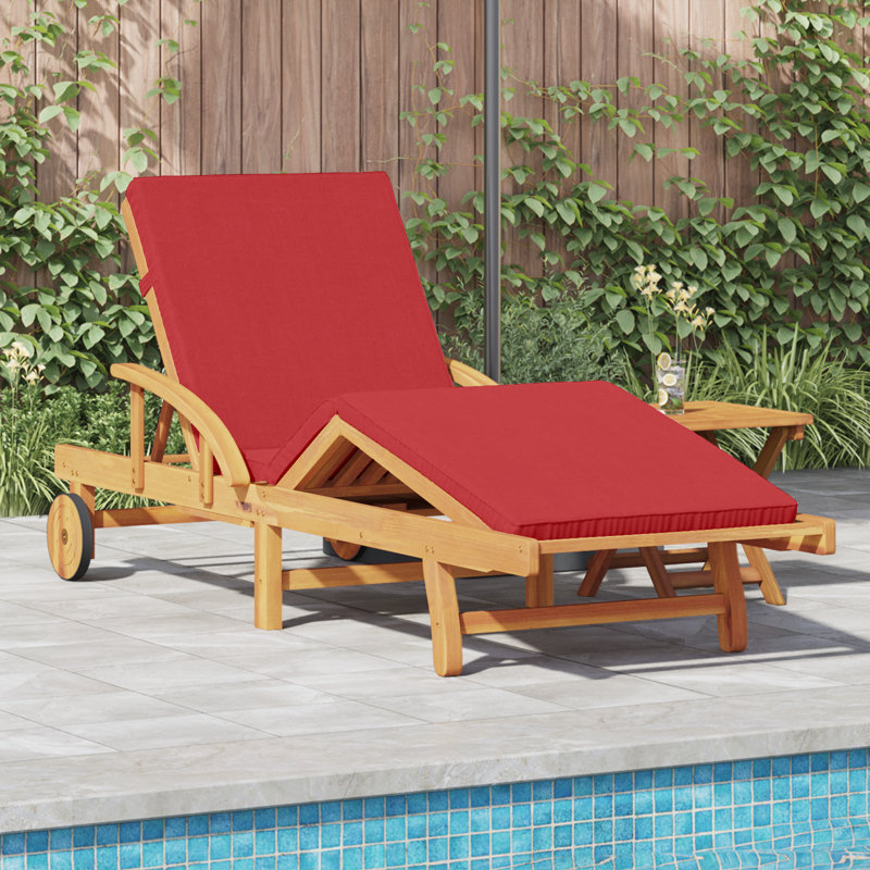 Sun Lounger Reclining Solid Acacia Wood Outdoor Seating Patio Chair, Red