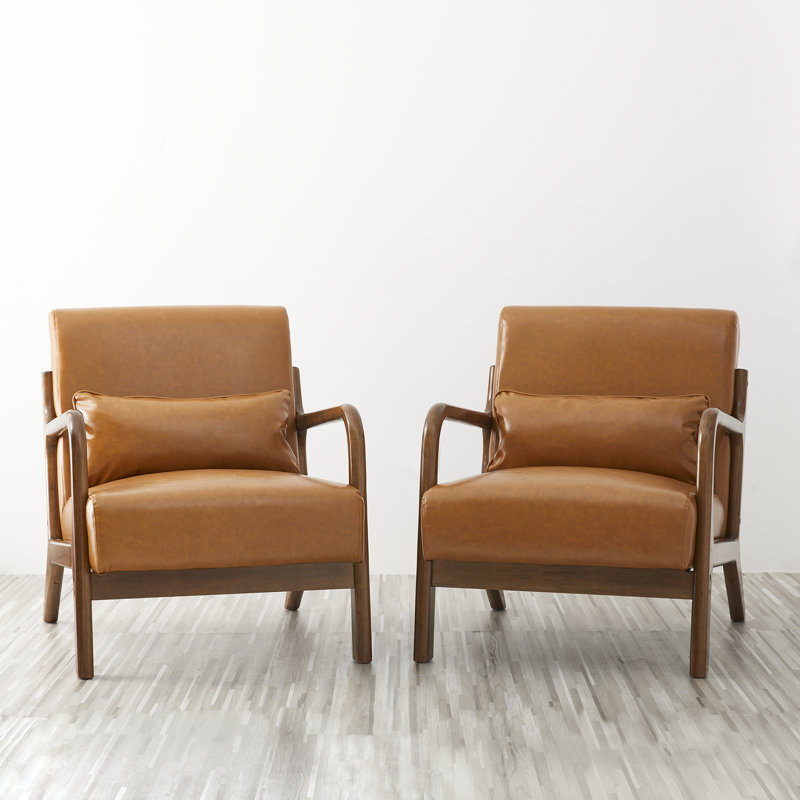 Fauteuil en cuir Jabarius, Structure noyer / coussin orange
