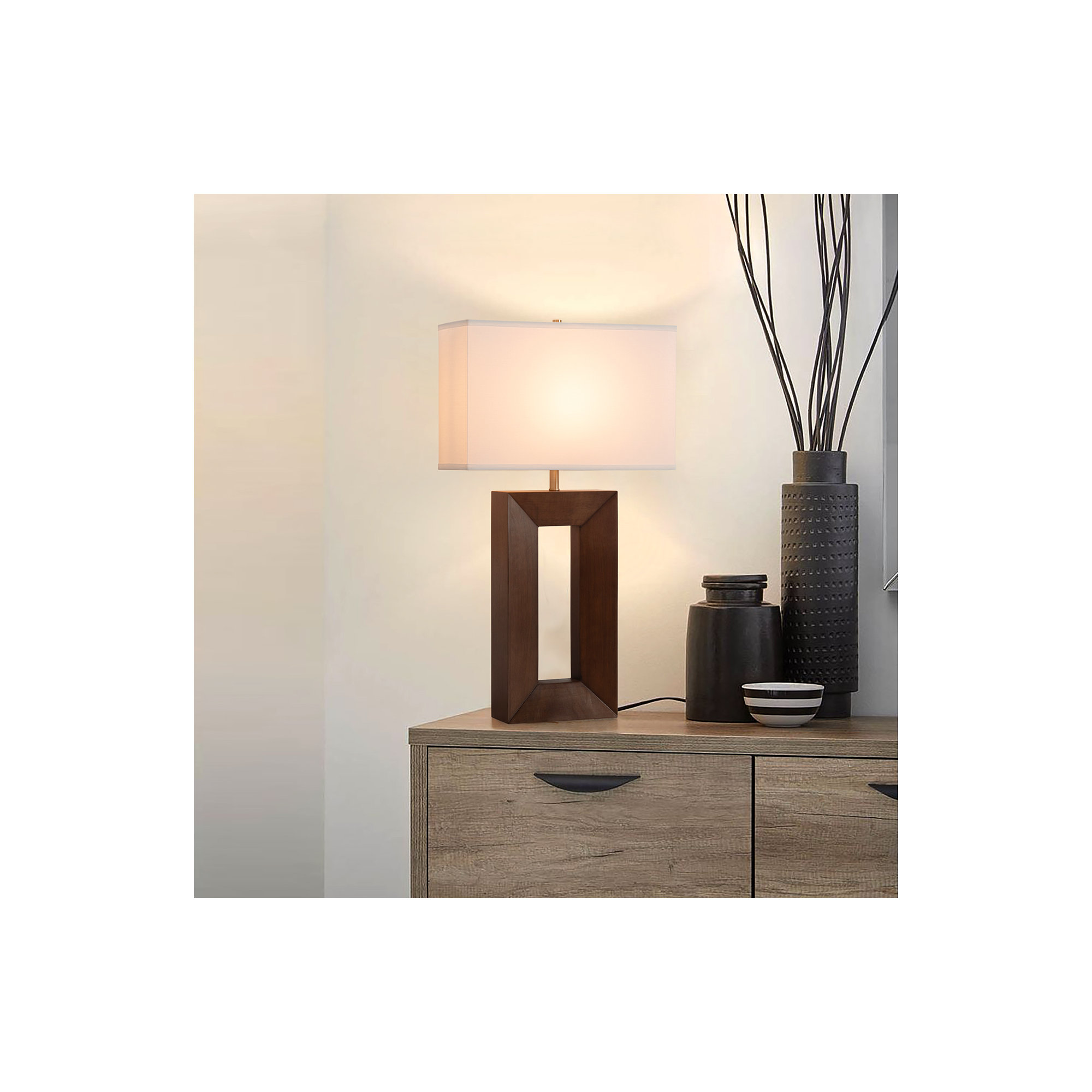 Julie Standing Table Lamp - Dark Walnut Wood Finish, Weathered Brass, White Linen Shade, Dark Walnut