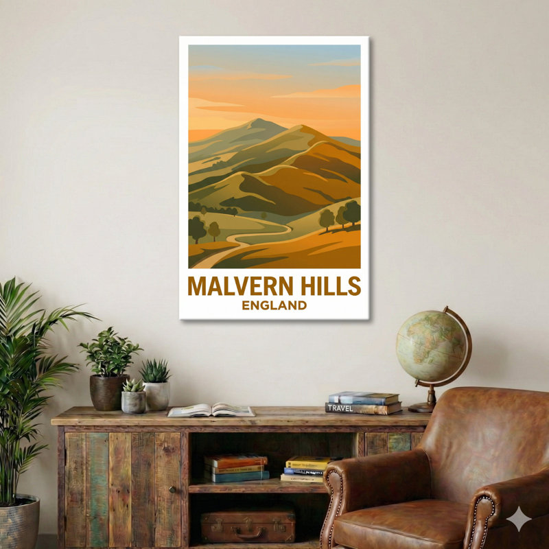Malvern Hills, England - Romantic Travel Poster Of Rolling Ridges And Sunset Walks. Giclee Print On Wrapped Canvas. Wall Art, Home Decor - Natural Landmarks, England - Wrapped Canvas Print