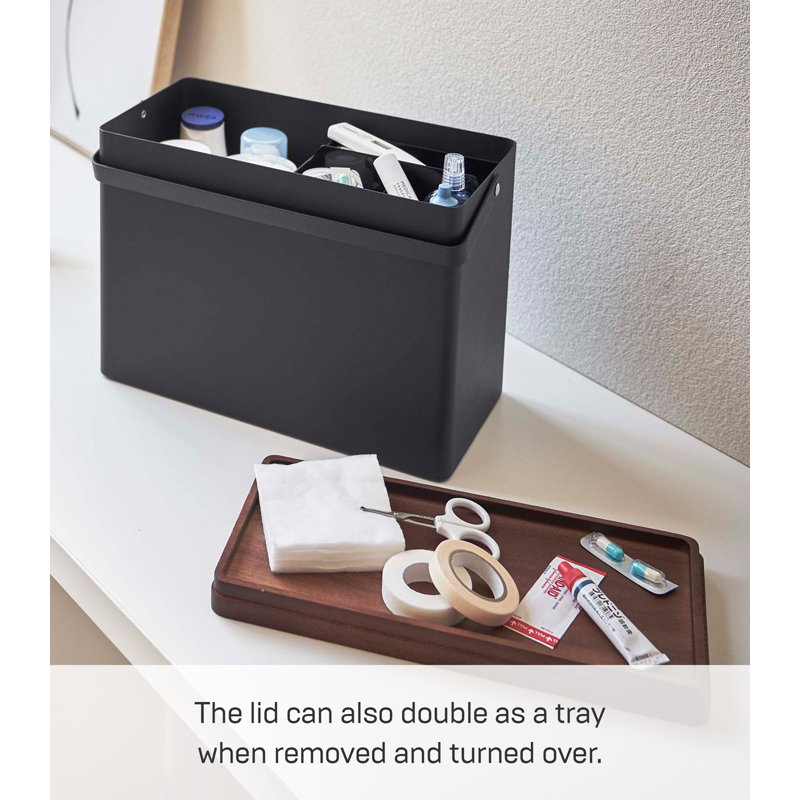 Yamazaki Home Compact Black Steel & Wood Odds-and-Ends Organizer with Lid
