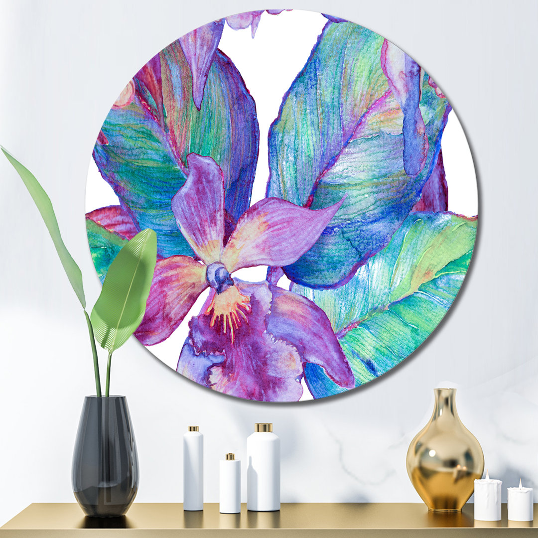 Turquoise And Purple Orchid - Traditional Metal Circle Wall Art East Urban Home