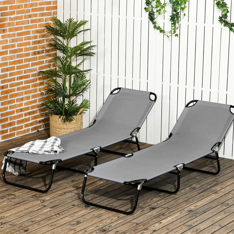 2 Piece Yard Sun Chairs, 5 Reclining, Dark Gray, Steel Construction For Patio, Beach Folding 5 Options, Made Outdoor Beach,
