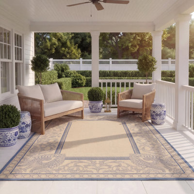 Arneshia Floral Natural/Blue Area Indoor/Outdoor Area Rug