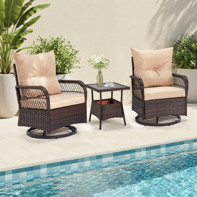 3 Pieces Patio Swivel Rocker Rattan Chairs, Outdoor Swivel Rocking Chairs With 1 Rattan Coffee Table, 360 Degree Swivel Patio Chairs For Lawn, Garden, Porch