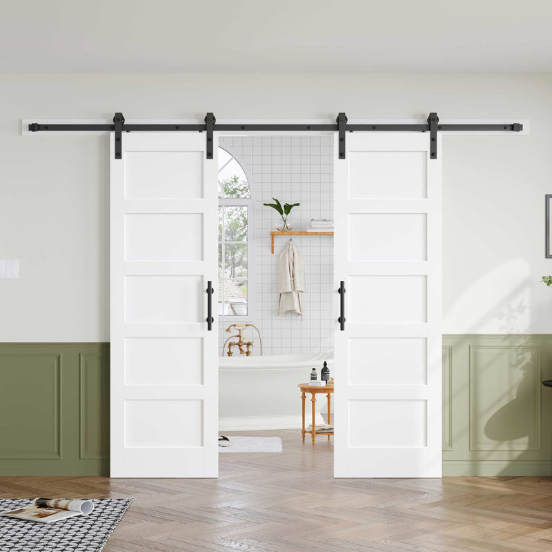 Porte de grange double en bois manufacturé à 5 panneaux avec quincaillerie d'installation, 48 po x 84 po
