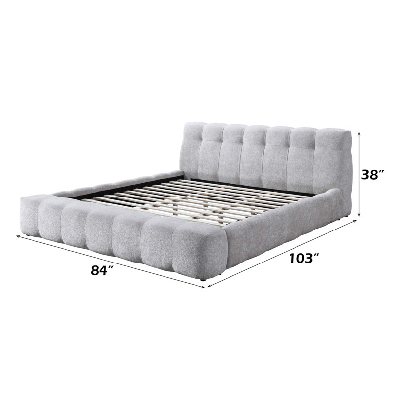 Très grand lit oriental en chenille grise avec cadre durable et revêtement luxueux, parfait pour les chambres modernes et élégantes